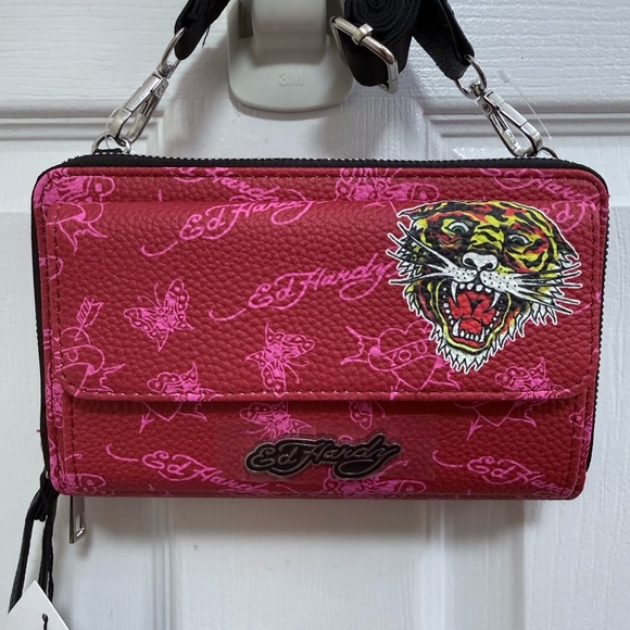 NWT Ed Hardy Red Tiger Cellphone  Zip Around Compact Crossbody Wallet - Picture 3 of 9